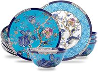 ACMLIFE Bone China Dinnerware Set for 4, 12-Piece Vintage Floral Dinnerware Set, Kitchen Plates and Bowls Set, Christmas Gifts for Women (Blue A)