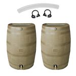 RTS Home Accents 50 Gallon Flat Back Rain Barrel with Link Kit, Oak (2 Pack)