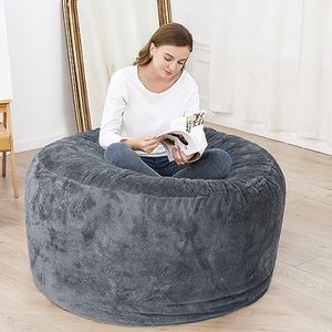 Bean Bag Chair Cover (No Filler), Beanbag Chair Outside Cover, Big Round Soft Fluffy Faux Fur Beanbag Lazy Sofa Bed Cover,Grey