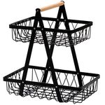 Dicunoy 2 Tier Countertop Fruit Basket, Metal Storage Basket with Handles,Snack 0rganizer for Countertop, Rustic Style Black Basket for Home, Kitchen Cournertop, Pantry, Fruit, Coffee, Pasta, Bathroom