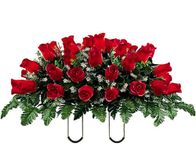 NiXcon Large Artificial Roses Cemetery Flowers - Realistic - Outdoor Grave Decorations - Non-Bleed Colors - Saddle for Headstone,Outdoor Tombstone Memorial Decorations, Easy Fit (Red)