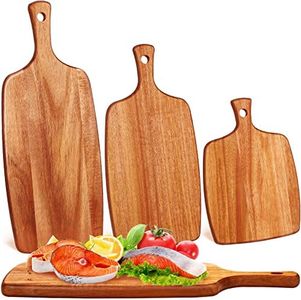 Kathfly 3 Pcs Acacia Wood Cutting Board Wooden Charcuterie Board with Handle Laser Engraving Chopping Board Kitchen Serving Board for Vegetables Meat Pizza Cheese Fruit Bread(17x7, 14x7, 10x7 Inch)