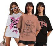 JUNEBERRY® Pure Cotton Oversized Loose Baggy Fit Drop Shoulder Half Sleeve Cool Front & Back Graphic Printed Round Neck T-Shirt for Women & Girls (PO3_JB_BST_BRL_STD_M)