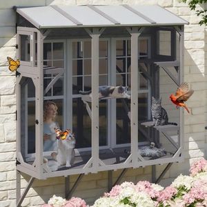 PetsCosset Cat Window Box,Wooden Window Catio for Indoor Cats,Expandable Outdoor Enclosure with 4 Platforms & 3 Doors,Secure Wall-Mounted Perch for Sunbathing, Play & Tunnel Connection,All-Weather Use