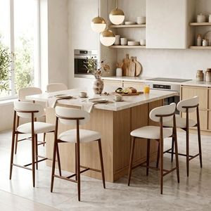 MOLENE Metal Bar Stools Set of 6, 26″ Counter Height Bar Stools with Backs, Mid Century Modern Upholstered Barstools for Kitchen Island, Dining Room, Beige