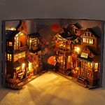 3D Wooden Book Puzzle Bookend DIY Dollhouse Wood Bookends Book Nook Model Building Kit Bookshelf Insert with LED Light for Birthday Gifts Home Desk Decoration (Style A)