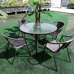 DKIEI Garden Furniture Sets Table & 4 Chairs Set 105CM Round Garden Dining Table with Parasol Hole Garden Rattan Bistro Chair for Patio Balcony Backyard Black