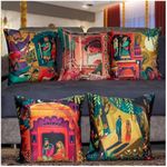 Vendola Decorative Satin 250TC Sofa Cushion Pillow Covers, Multicolor, Set of 5 Ethnic Cushion Covers(Raja Rani,16x16 Inches)