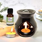 AIR ROMA Black Ceramic Aroma Diffuser Burner with Lemon Grass Diffuser Oil 10ml and 2 Candles | Perfect for Gift Set