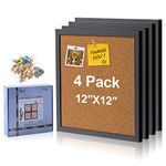 AkTop Cork Board Bulletin Board 12x12, Black Framed Corkboard 4 Pack, Small Square Pin Board for Wall, Mini Thick Cork Tiles with 16 Push Pin Wood Clips for School, Home & Office