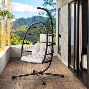 LEVELEVE Egg Chair with Stand,Patio Rattan Wicker Hanging Swing Egg Chair Hammock Chair for Bedroom Porch Garden,Thickened Aluminum Alloy Steel Frame and UV Resistant Cushion,350LBS Capacity(Beige)