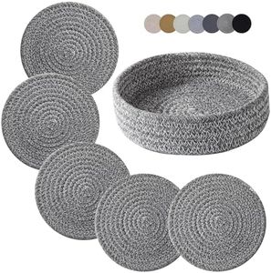 Trivets for Hot Dishes, Trivets for Hot Pots and Pans, Hot Pads for Countertops, Coasters 4 Pcs and Storage Basket 1 Pack, Pot Holders for Kitchen, Cotton Hot Mats Cooking Pad Protect Table (D Grey)