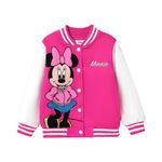 Disney Frozen Elsa Mickey Minnie Princess Girls/Boys Varsity Bomber Letterman Jacket Lightweight Zip-up Sweatshirt, Hot Pink-minnie Mouse, 5-6 Years