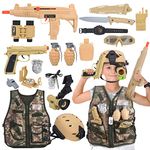 17 PCS Kids Army Costume, Military Soldier Dress up Role Play, Combat Marines for Halloween Costume with Camouflage Vest, Helmet and Military Accessories for Kids Boys 3+