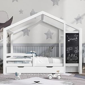 Sweiko Lit pour Enfant 90 x 200 cm - Blanc - avec Tableau Noir et 2 tiroirs - Sommier à Lattes Robuste en pin - Cadre de lit pour Enfants - avec clôture et sommier à Lattes (sans Matelas)