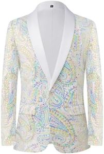 PYJTRL Men's Shiny Sequins Suit Jacket Classic Floral Suit Jacket Fashion,Suitable for Parties,Weddings,Banquets,Proms,Colorful White,3XL