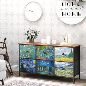 VEDECASA Cómoda pequeña con 6 cajones, cómoda para dormitorio, cajón Van Gogh, torre de almacenamiento para salón, dormitorio, pasillo, oficina, marco de metal, placa de madera, cómoda de tela