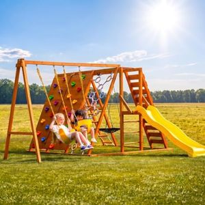 Sycamore Backyard Ultimate Climbing Set with 2 Swings and Trapeze Bar - Outdoor Playset for Kids with Gymnastics Bar, Rock Climbing Holds, and Sensory Playground Accessories - Wooden Swingset for Ages