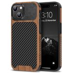 TENDLIN Compatible with iPhone 15 Case Wood Grain with Carbon Fiber Texture Design Leather Hybrid Slim Case (Black)