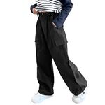 Rolanko Girls Cargo Trousers, Elasticated Waist Cotton Baggy Pants with Multi Pockets for 6-15 Years Kids, Black, Size: 170