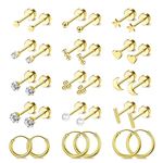 BESTEEL Small Gold Flat Back Stud Earrings for Women 14K Gold Plated Studs Hoop Earrings Surgical Steel FlatBack Earring Sets for Multiple Piercing Tiny Ball CZ Cartilage Earring Lightweight