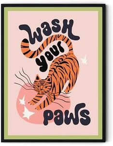 TwoDays Funny Bathroom Decor, Funky Maximalist Toilet Wall Art, Tiger Wash Your Paws Posters, Large Eclectic Trendy Colourful Animal Prints. (12" X 16", UNFRAMED)