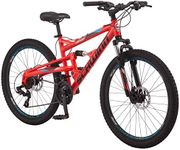 Schwinn Protocol 1.0 Men and Women Mountain Bike, 26-Inch Wheels, 21-Speed Drivetrain, Lightweight Aluminum Frame, Full Suspension, Mechanical Disc Brakes, Red/Blue