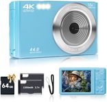 SMARTKLIK Digital Camera for Teens, FHD 4K 44MP with 64GB SD Card, 16X Digital Zoom, Compact Point Shoot Camera Blue