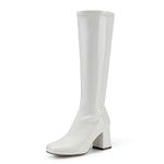 DREAM PAIRS Women's Gogo Boots, Square Toe Chunky Heel Knee High Fall Boots Disco Shoes for Women,Size 8.5,White/Patent/pu,SDKB2231W