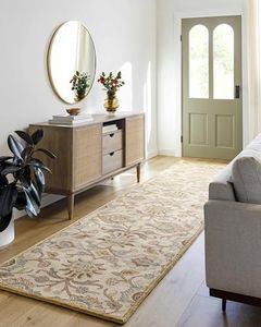 Hauteloom Florentia Wool Hallway, Kitchen Runner Rug - Floral Medallion Border Leaf Botanical - Traditional Oriental Indian Transitional - Dark Brown, Medium Brown, Lavender, Beige, Cream - 3' x 12'