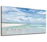 Sea Beach Canvas Wall Art Aqua Ocean Canvas Pictures Nature Wall Decor Coastal Seagulls Canvas Print Modern Seascape Canvas Painting Artwork for Living Room Bedroom Office Wall Decoration 50CM X 100CM