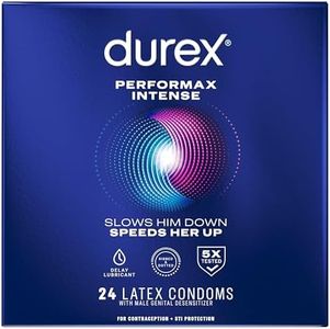 Durex Performax Intense Natural Rubber Latex Condoms, Regular Fit, 24 Count, Contains Desensitizing Lube for Men, FSA & HSA Eligible (Packaging May Vary)