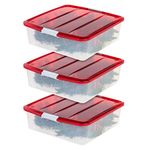 IRIS USA 31.2 L Holiday Wreath Storage Container Box with Latching Buckles Lid, 3-pack, Stackable Under Bed Organizer, Fits 50.8cm Wreaths Holiday Decorations Garlands, Clear/Red