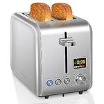 SEEDEEM Toaster 2 Slice, Stainless Steel Bread Toaster Color LCD Display, 7 Bread Shade Settings, 1.4'' Wide Slots Toaster Bagel/Defrost/Reheat Functions, Removable Crumb Tray, 900W, Silver Metallic