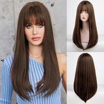 EMMOR Brown Wig With Bangs For Women Long Straight Wigs Synthetic For Girls Party Cosplay And Daily Use(26" Brown)