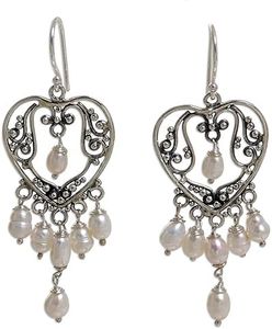 NOVICA Artisan Handmade Pearl Chandelier Earrings Sterling Silver White Indonesia Heart Bridal Birthstone [2.2 in L x 0.8 in W] ' Heart Symphony'
