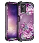 LONTECT for Galaxy A03S Case Floral Shockproof Rugged Heavy Duty 3 in 1 Hybrid Sturdy High Impact Protective Cover Case for Samsung Galaxy A03S 6.5 inch,Purple Flower/Black