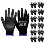 Velway 12 Pairs Safety Work Gloves - Firm Grip Gardening Gloves Non-Slip PU Coated Builders Gloves Lightweight Breathable Protective EN388 Mechanic Working Gloves for Men Women Black (Size 10/XL)