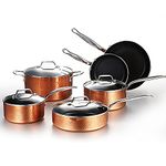 COOKSMARK 10-Piece Aluminum Ceramic Non Stick Pots and Pans Set Frying Pan Skillet Saute Pan Oven Safe Induction Glass Lid Handles Copper Hammering