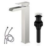 KENES Tall Bathroom Vessel Sink Faucet, Brushed Nickel Tall Waterfall Bathroom Faucet, Commercial Modern Bathroom Faucet with Pop-up Drain, Single Hole Basin Mixer Tap, Bathroom Sink Faucet with Hoses