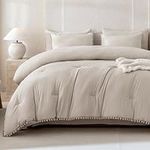 Litanika Queen Size Comforter Set Linen Grey,3 Pieces Linen Grey Boho Pom Pom Lightweight Bed Comforter, All Season Soft Solid Color Bedding Comforter Sets (1 Comforter 90x90 Inch, 2 Pillowcases)