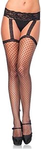 Leg Avenue Women's Backseam Ankle Bow Industrial Fishnet Stockings with Attached Garter Belt, Black, One Size