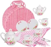 Jewelkeeper Tea Party Set for Little Girls - 18 Piece Toddler Tea Set with Floral Porcelain, Pink Wicker Basket, Utensils for Imaginative Pretend Play - Encourages Creativity and Social Skills