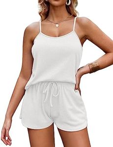 Ekouaer Pajamas for Women Soft Lingerie Sleepwear 2 Piece Cami Shorts Set Waffle Knit Pj Loungewear,White,XXL