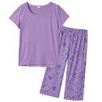 MyFav Women's Short Sleeve Pyjama Sets Lounge Sleepwear Top with Capri Pants Pjs Sets(Purple,XL)