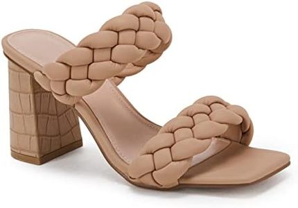 Syktkmx Women's Braided Heeled Sandals Backless Square Open Toe Block Slide Sandals, Khaki, Size 8