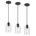 KLSS Modern Black Farmhouse Clear Glass Cylinder Pendant Light Fixture,Mini Pendant Lighting for Kitchen Island Decor - 4.75 Inch Shade, 2-58 Inch Cord (Black 3 Pack)