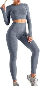 EUYZOU Womens Seamless 2 Piece Workout Set - High Waisted Legging&Long Sleeve Crop Tops Yoga Gym Outfits Sportwear Clothes - Blue Grey S, Blue Grey (Leggings&long Sleeve Top), Small