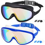 EasYoung Adult Swim Goggles, Pack of 2 No Leaking Swimming Goggles Anti-Fog UV Protection, Wide Vision Swim Glasses with Nose Clips Ear Plugs for Men Women Youth, Over 15