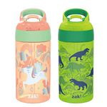 Zak Designs Kids Water Bottle with Spout Cover and Built-in Carrying Loop, Made of Durable Plastic, Leak-Proof Water Bottle Design for Travel (16 oz, Unicorn & Dino Camo, Pack of 2)